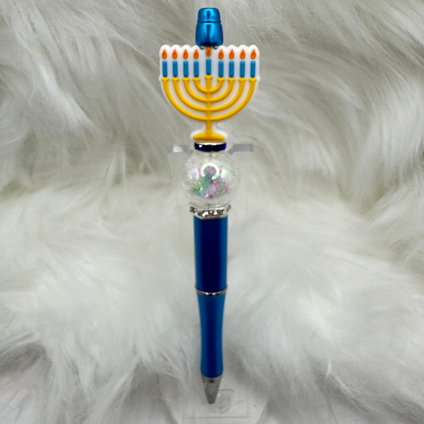 Menorah, Hanukkah Silicone Focal Bead on a Light Blue Pen