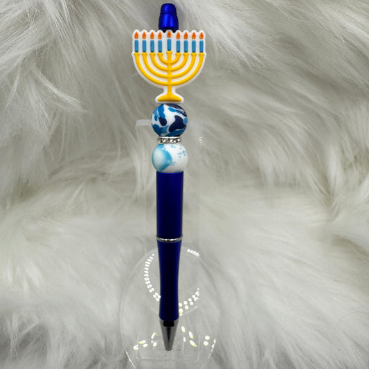 Menorah, Hanukkah Silicone Focal Bead on a Dark Blue Pen